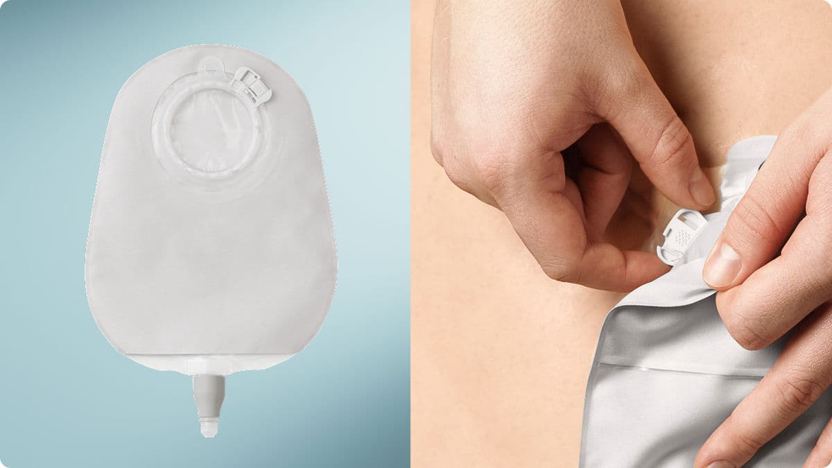 Image en deux parties représentant, à gauche, une poche d'urostomie SenSura Mio et, à droite, une main fermant la poche à l'aide d'un système de fixation par clic