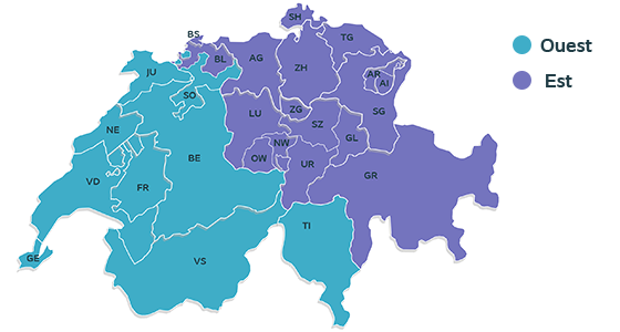 Carte de la Suisse avec répartition des régions en couleur entre l'ouest et l'est